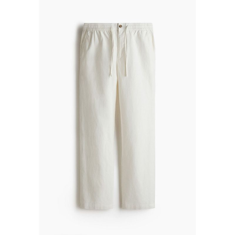 H&M Men White Regular Fit Linen-Blend Trousers (L)