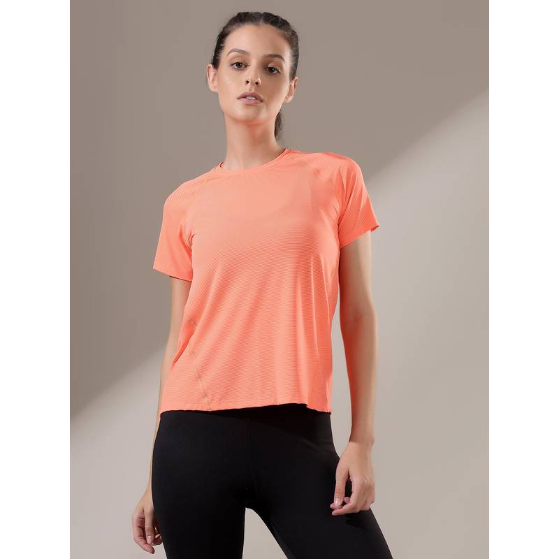 Fitkin Women Orange Striped Active T-Shirt (S)