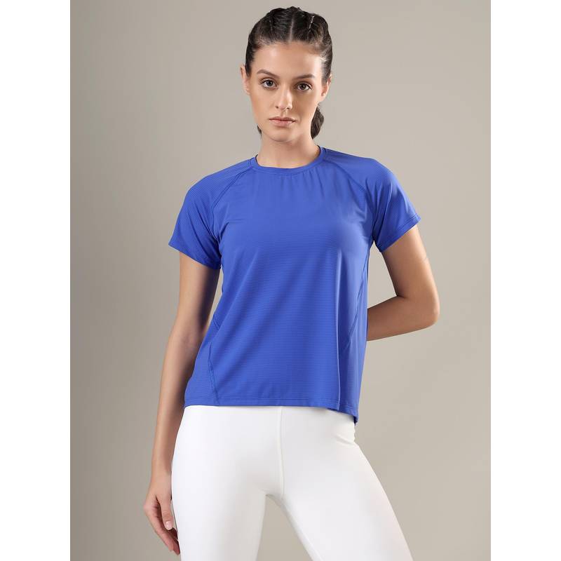 Fitkin Women Blue Striped Active T-Shirt (S)