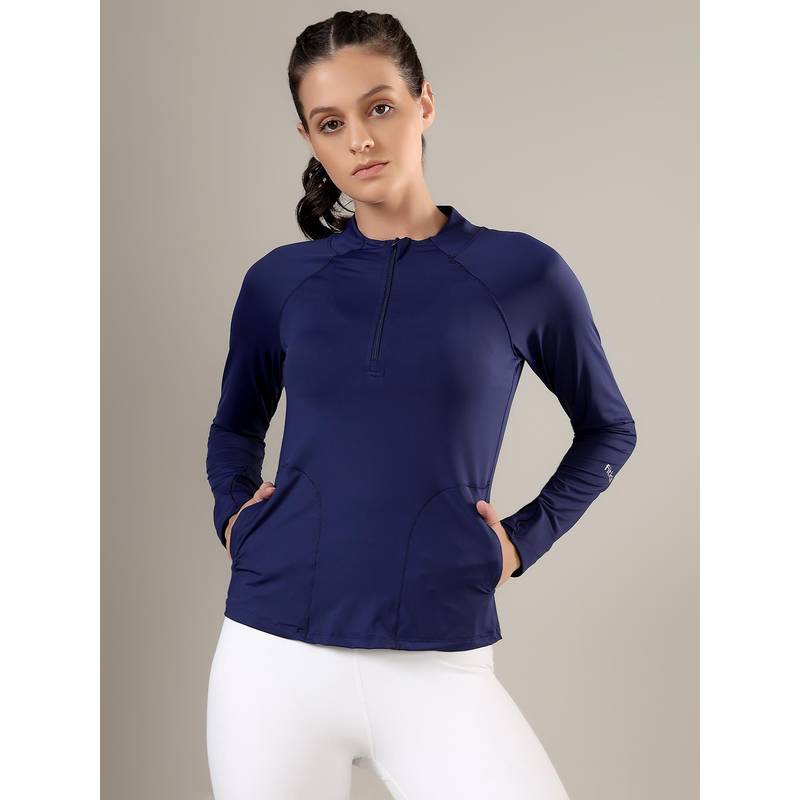 Fitkin Women Navy Blue Quarter-Zip Long Sleeve Training Sweatshirt (XL)