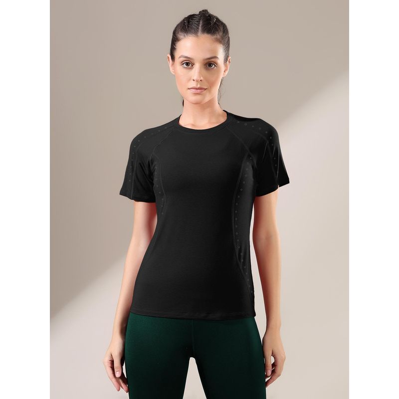 Fitkin Women Black Laser-Cut Motion T-Shirt (S)