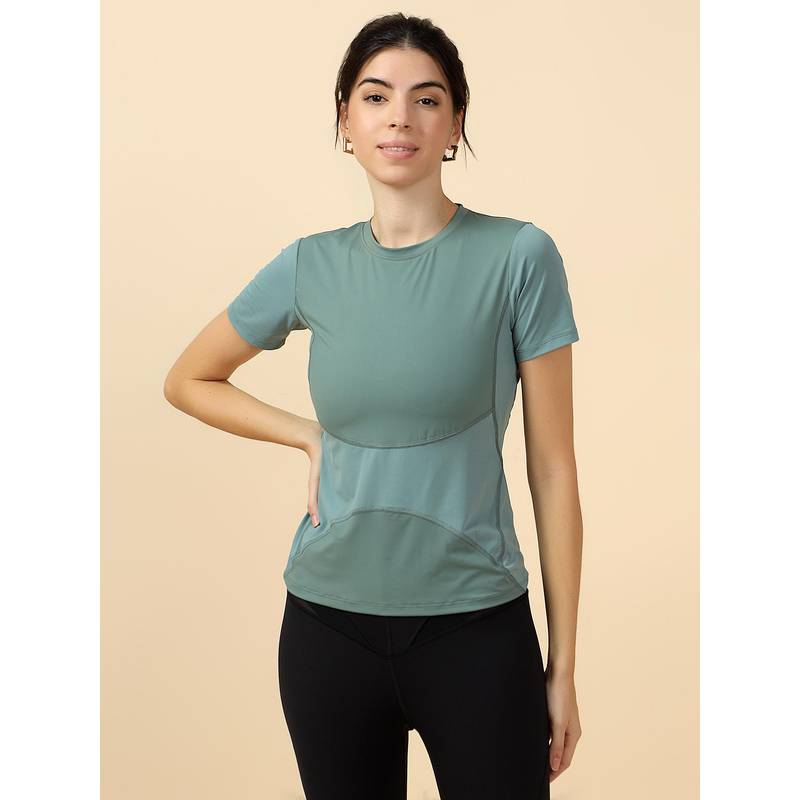 Fitkin Women Green Sculpt Air UV Mesh T-Shirt (M)