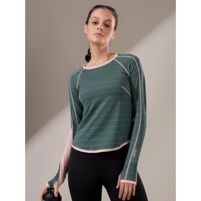Fitkin Women Green Stripes T-Shirt (S)
