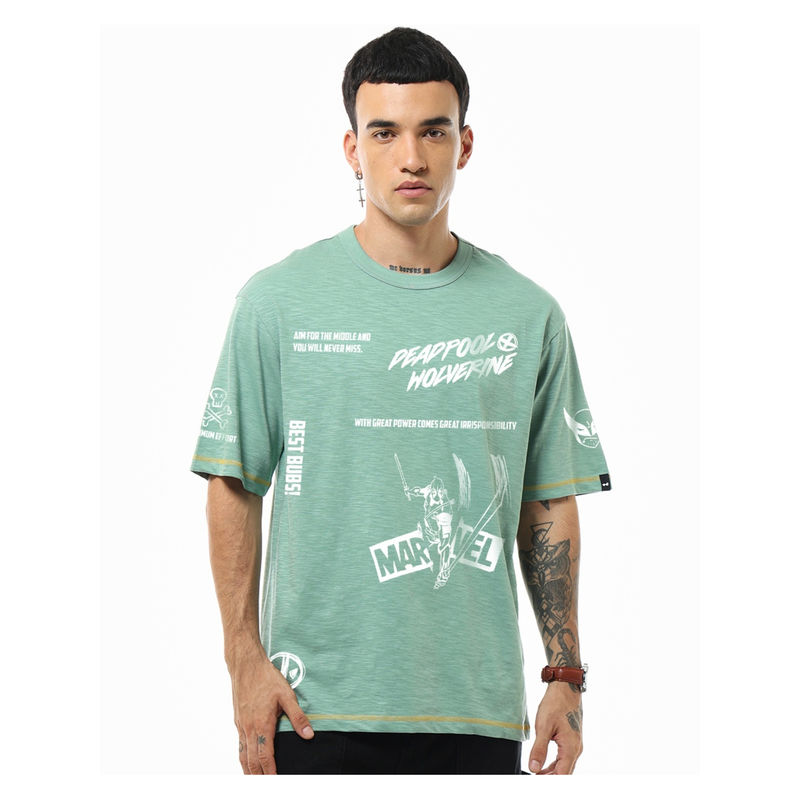 Bewakoof Air 1.0 Official Marvel Merchandise Men Green Printed Oversized T-Shirt (M)
