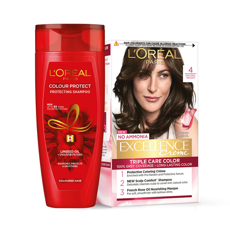 L'Oreal Paris Excellence Creme Hair Color Shade 4 - Natural Brown + Colour  Protect Shampoo: Buy L'Oreal Paris Excellence Creme Hair Color Shade 4 -  Natural Brown + Colour Protect Shampoo Online