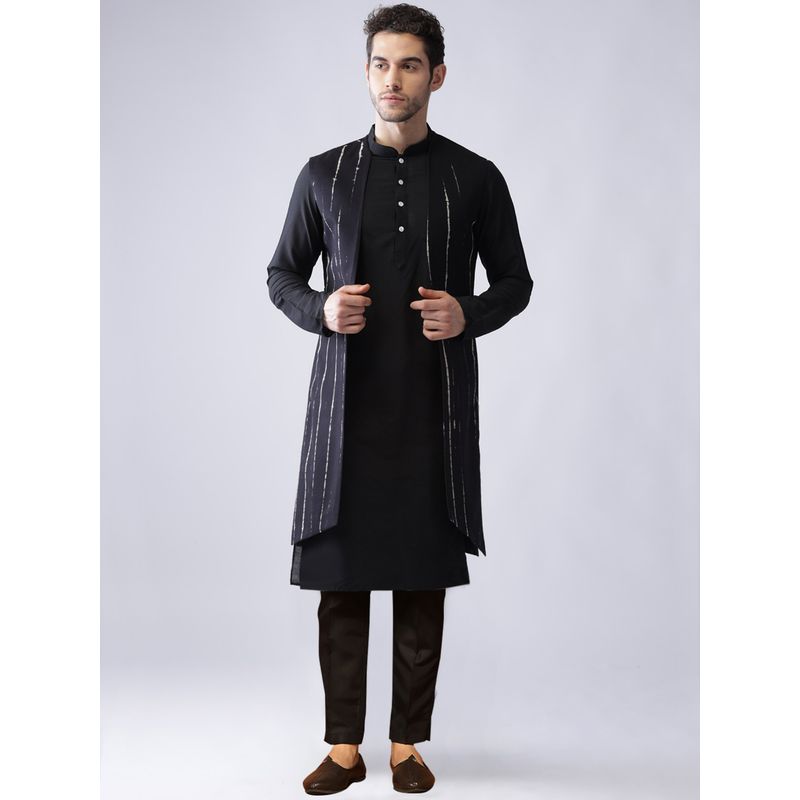 KISAH Men Black Printed Cotton Blend Kurta Jacket Trouser Set with Tie & Dye Design (M)