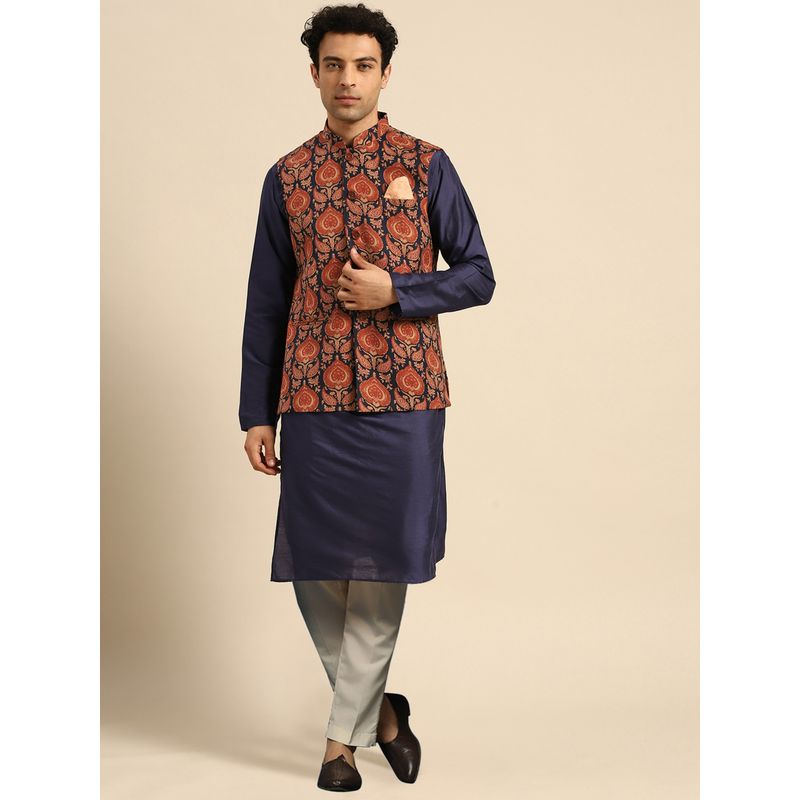 KISAH Mens Navy Blue Kurta Jacket Trousers (Set of 3) (S)