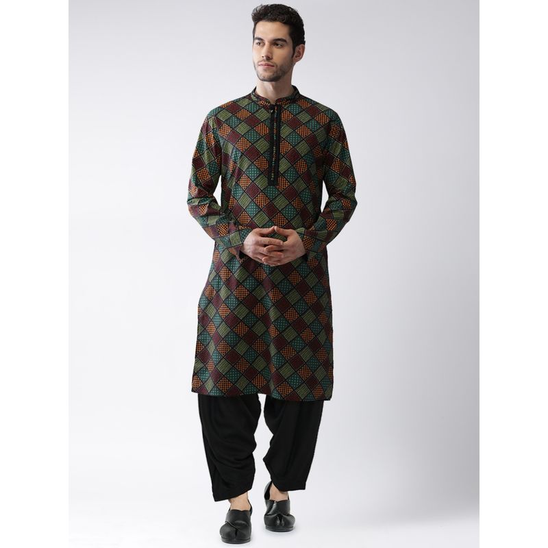 KISAH Men Multi Coloured Printed Cotton Blend Kurta Patiyala Set with Gundi Buttons (S)