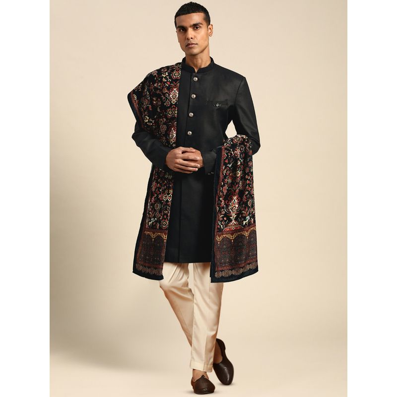 KISAH Men Black Solid Cotton Blend Indowestern Sherwani Trouser Dupatta Set with Zari Design (M)