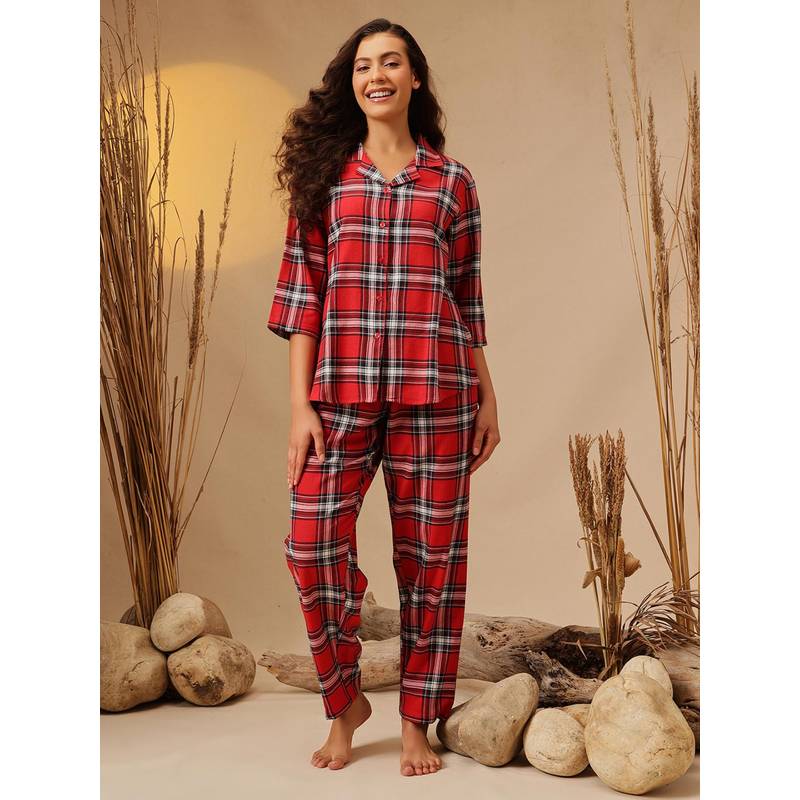 Clovia Women Red Checks Shirt and Pyjama (S)