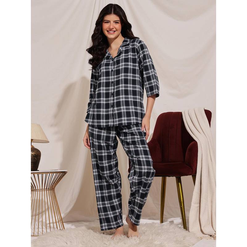 Clovia Women Navy Blue Checks Shirt and Pyjama (S)