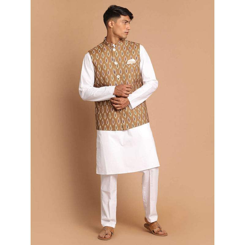 Vastramay Mens Green with White Pure Cotton Jacket Kurta and Pyjama (Set of 3) (S)