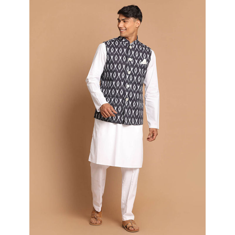 Vastramay Mens Black with White Pure Cotton Jacket Kurta and Pyjama (Set of 3) (S)