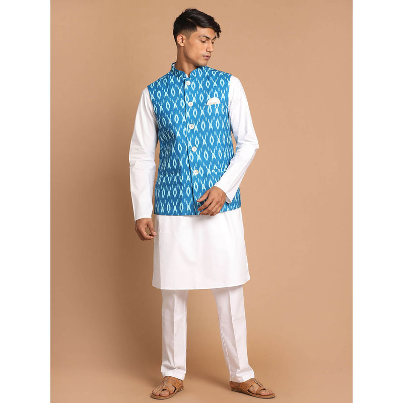 Vastramay Mens Turquoise with White Pure Cotton Jacket Kurta and Pyjama (Set of 3) (S)
