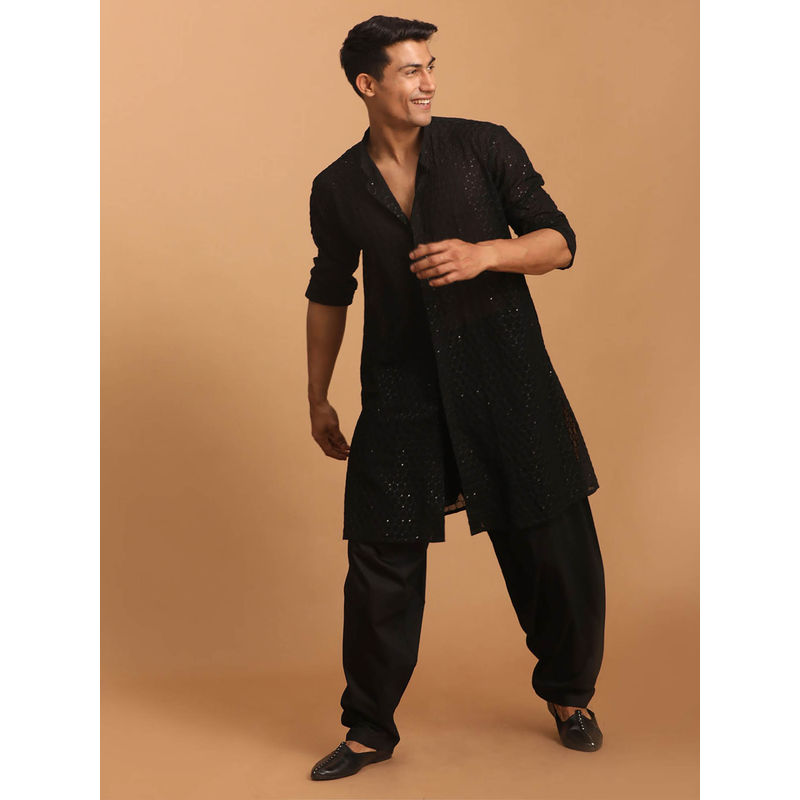 Vastramay Mens Black Georgette Kurta and Patiala (Set of 2) (L)