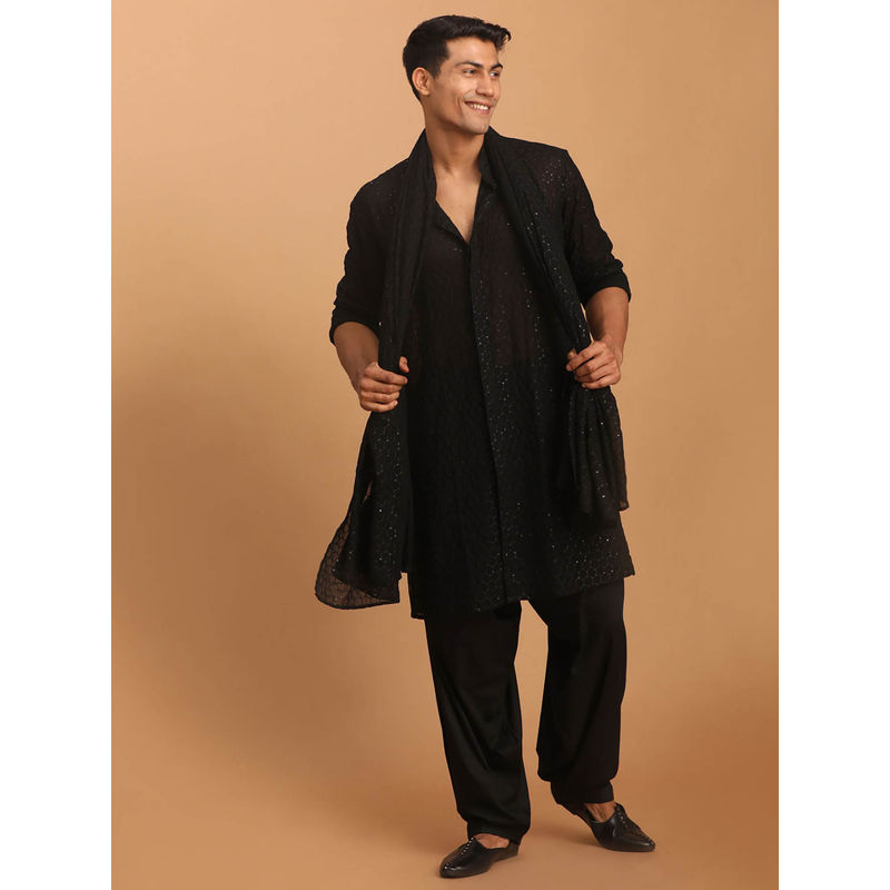 Vastramay Mens Black Georgette Kurta Pyjama and Dupatta (Set of 3) (L)