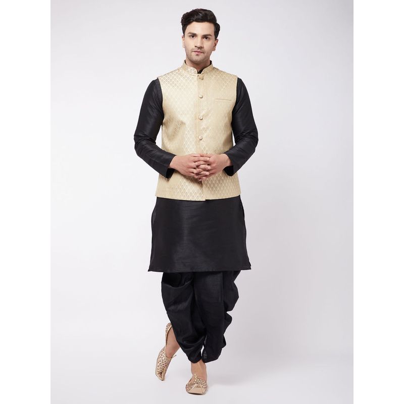 Vastramay Mens Cream with Black Silk Blend Jacket Kurta and Dhoti (Set of 3) (S)