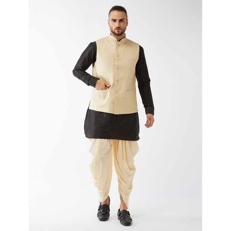 Vastramay Mens Black Cream with Gold Silk Blend Jacket Kurta and Dhoti (Set of 3) (S)
