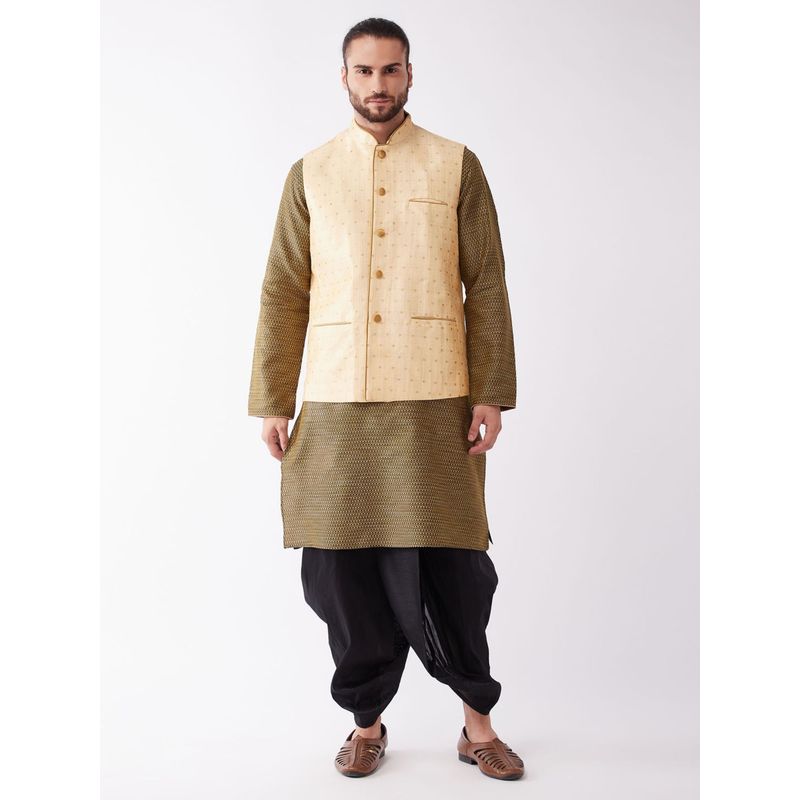 Vastramay Mens Gold with Black Silk Blend Jacket Kurta and Dhoti (Set of 3) (S)