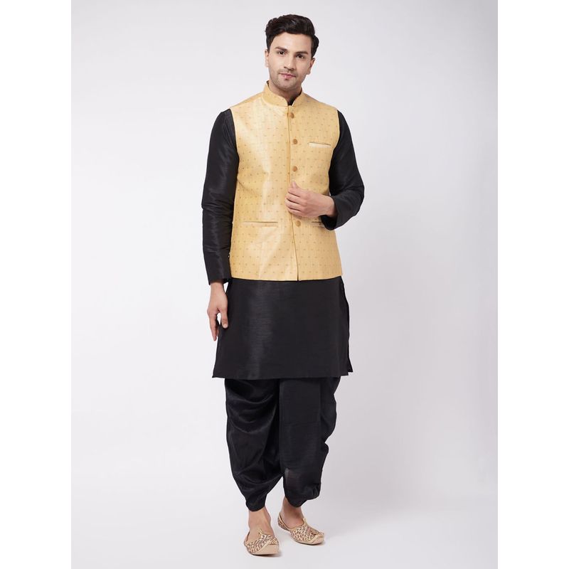Vastramay Mens Gold with Black Silk Blend Jacket Kurta and Dhoti (Set of 3) (S)