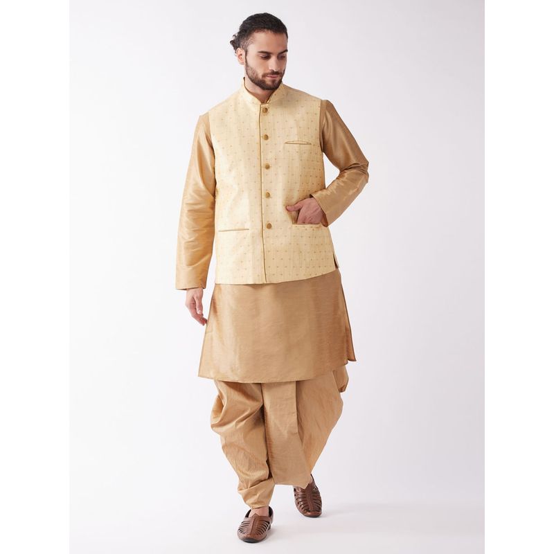 Vastramay Mens Rose Gold Silk Blend Jacket Kurta and Dhoti (Set of 3) (S)