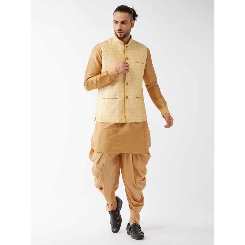 Vastramay Mens Rose Gold Silk Blend Jacket Kurta and Dhoti (Set of 3) (S)