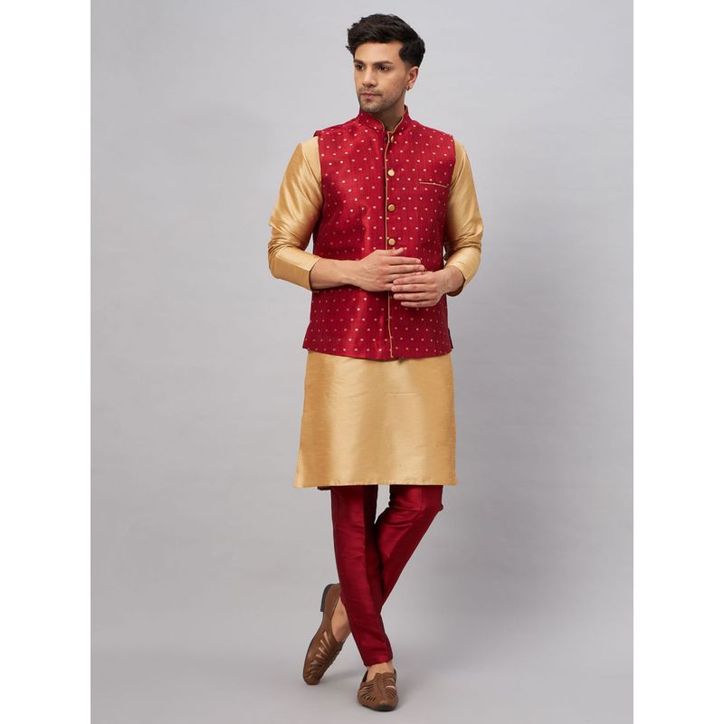 Vastramay Mens Rose Gold with Maroon Silk Blend Jacket Kurta and Pyjama (Set of 3) (S)