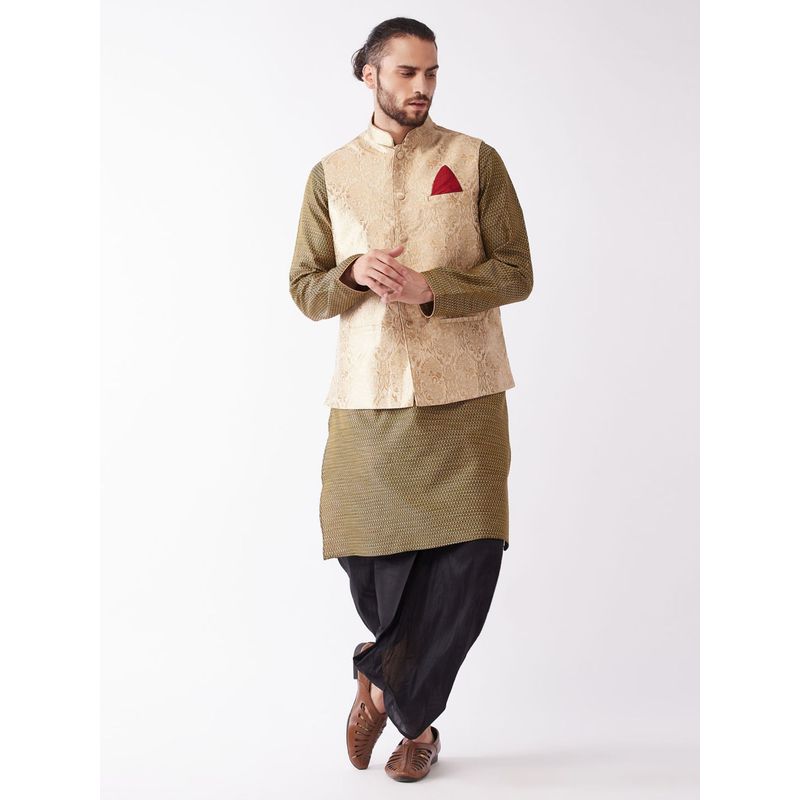 Vastramay Mens Gold with Black Silk Blend Jacket Kurta and Dhoti (Set of 3) (S)