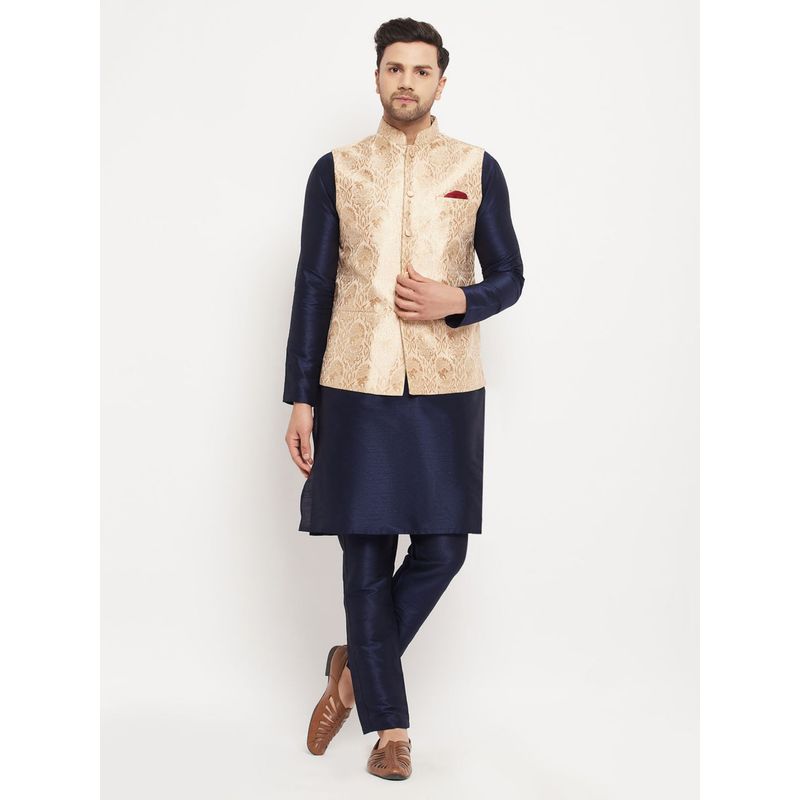 Vastramay Mens Navy Blue with Rose Gold Silk Blend Jacket Kurta and Pyjama (Set of 3) (S)