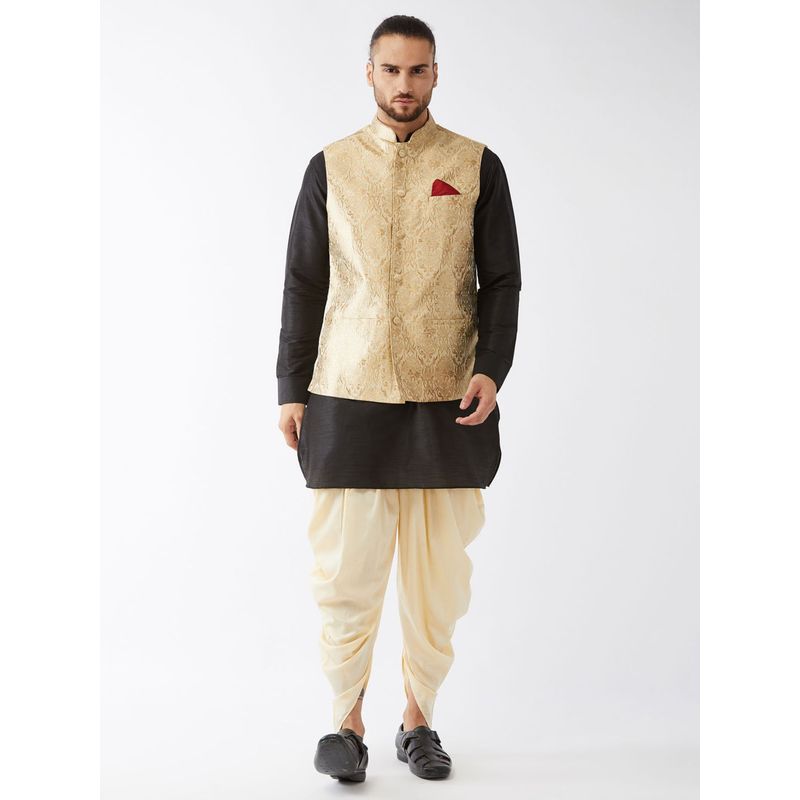 Vastramay Mens Black Rose Gold Silk Blend Jacket Kurta and Dhoti (Set of 3) (S)