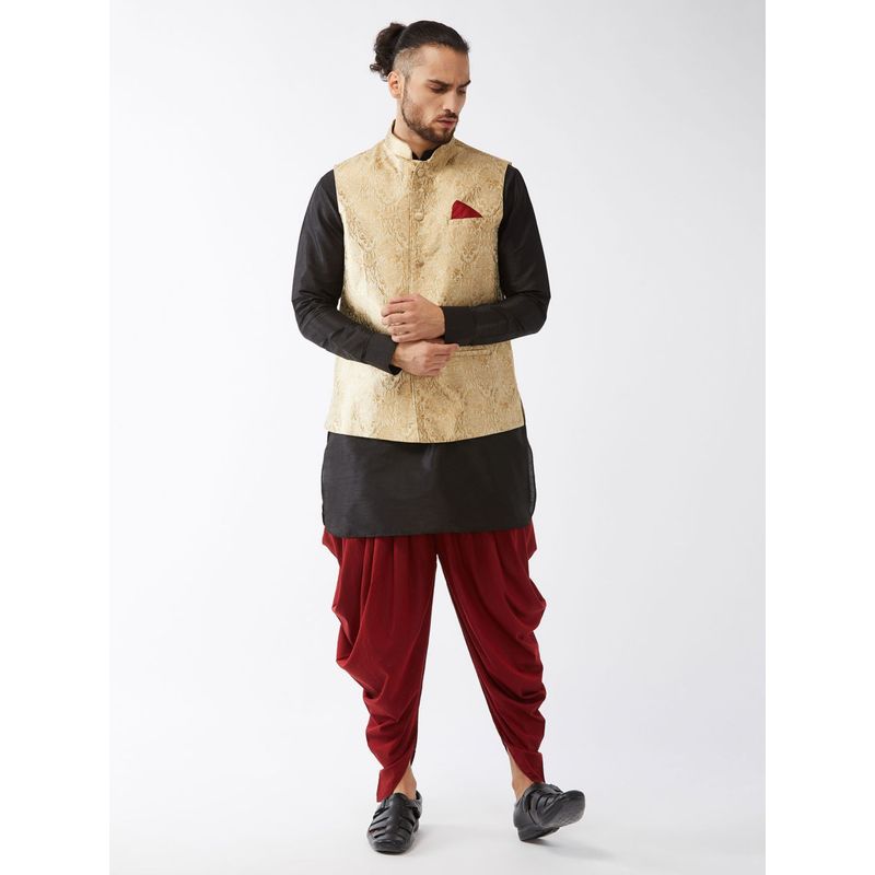 Vastramay Mens Black Rose Gold with Maroon Silk Blend Jacket Kurta and Dhoti (Set of 3) (S)