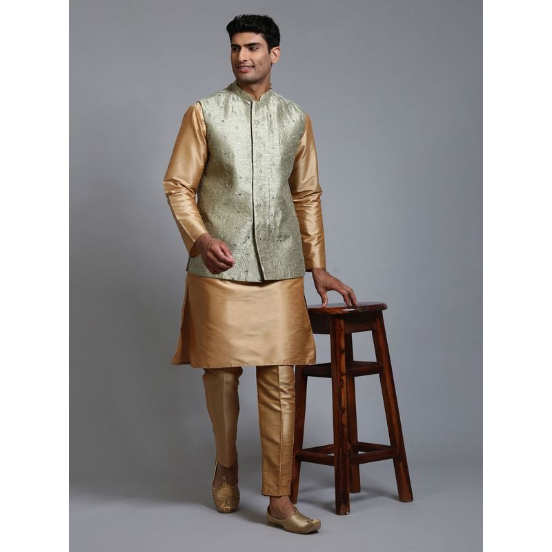 Vastramay Mens Mint Green with Rose Gold Silk Blend Jacket Kurta and Pyjama (Set of 3) (M)