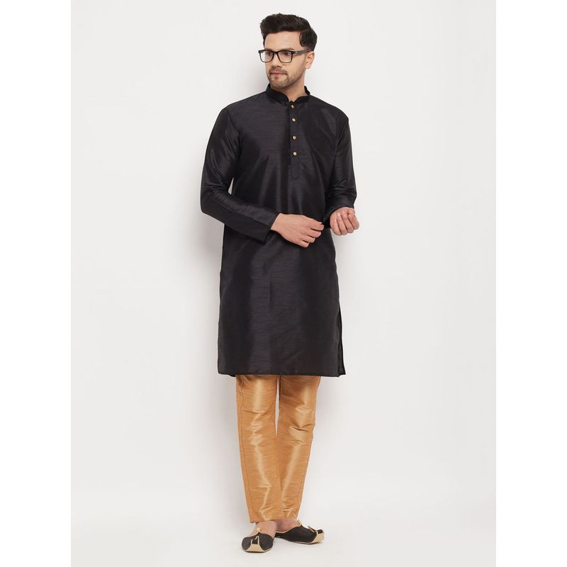 Vastramay Mens Black Rose Gold Silk Blend Kurta and Pyjama (Set of 2) (S)