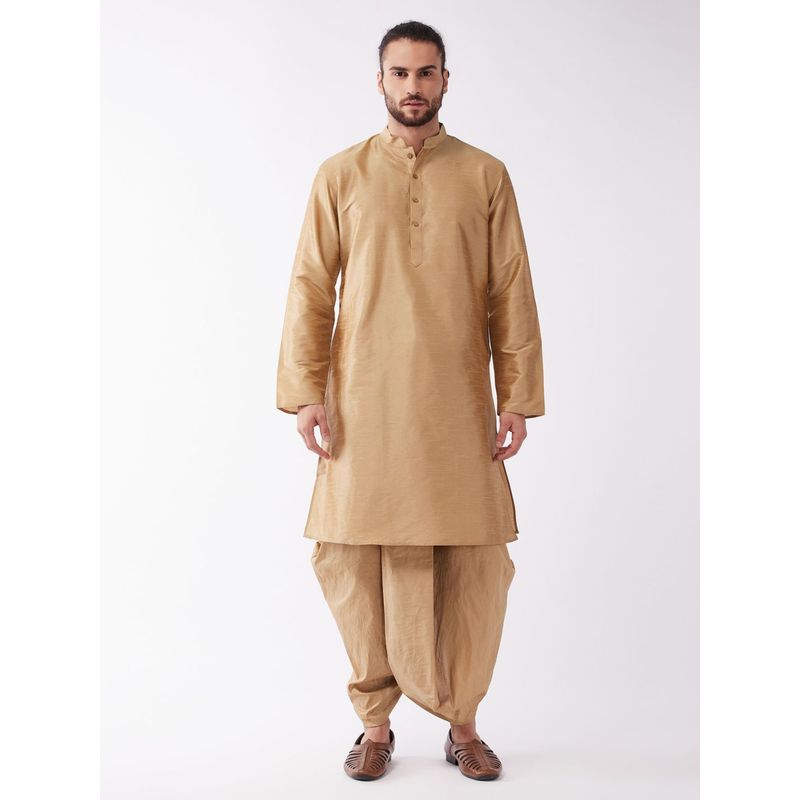 Vastramay Mens Rose Gold Silk Blend Kurta and Dhoti (Set of 2) (L)