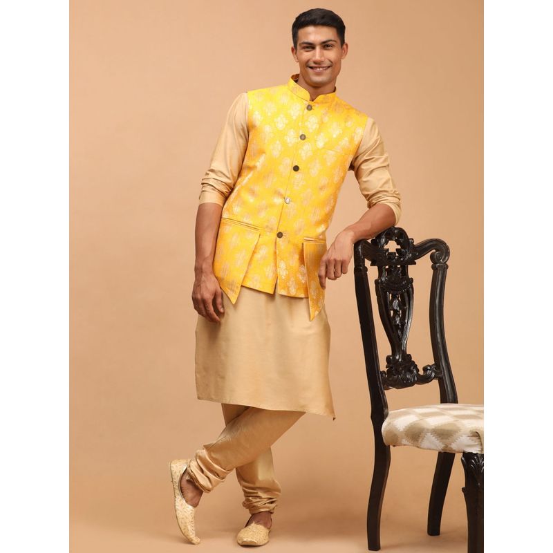 Vastramay Mens Yellow with Rose Gold Viscose Jacket Kurta and Pyjama (Set of 3) (S)