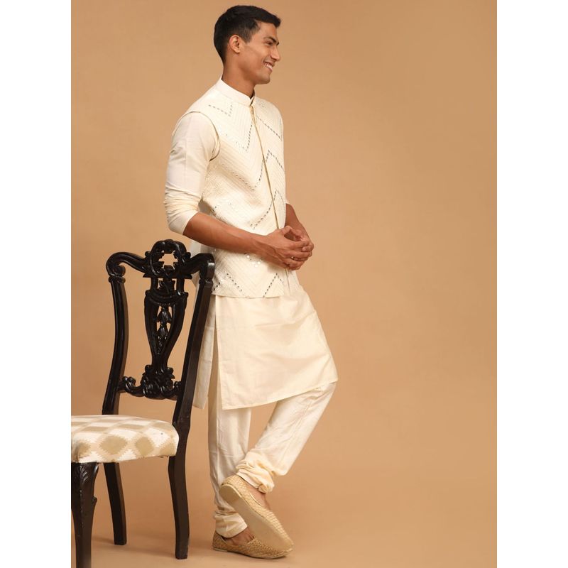 Vastramay Mens Cream Viscose Jacket Kurta and Pyjama (Set of 3) (XL)