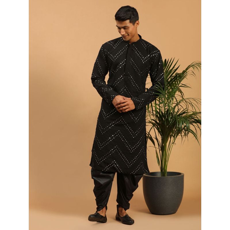 Vastramay Mens Black Georgette Kurta and Dhoti (Set of 2) (M)