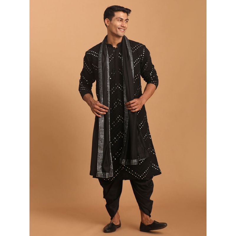 Vastramay Mens Black Georgette Kurta and Dhoti Dupatta (Set of 3) (S)