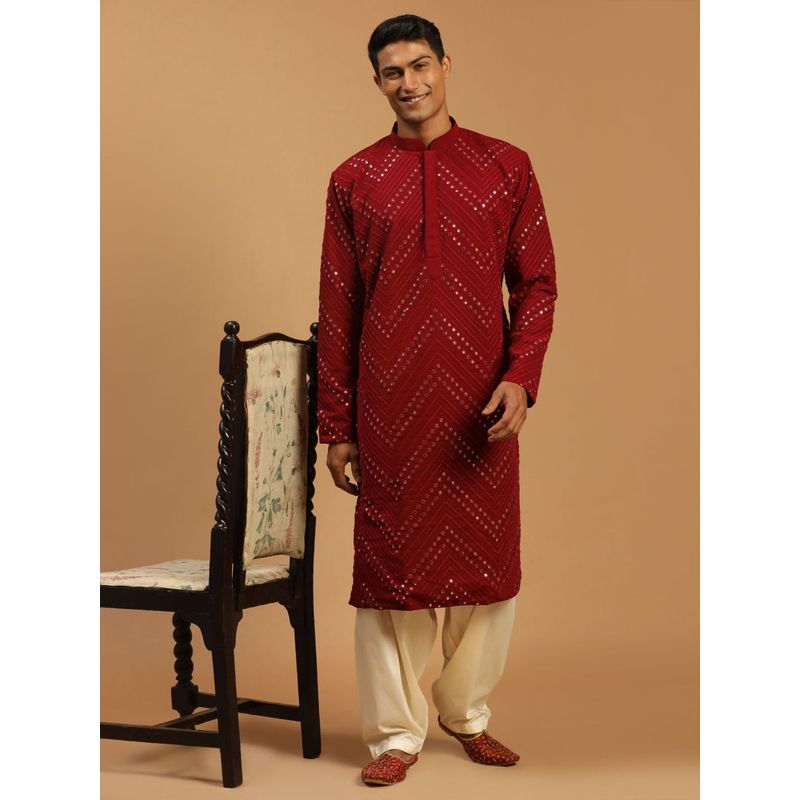 Vastramay Mens Maroon with Cream Georgette Kurta and Patiala (Set of 2) (S)