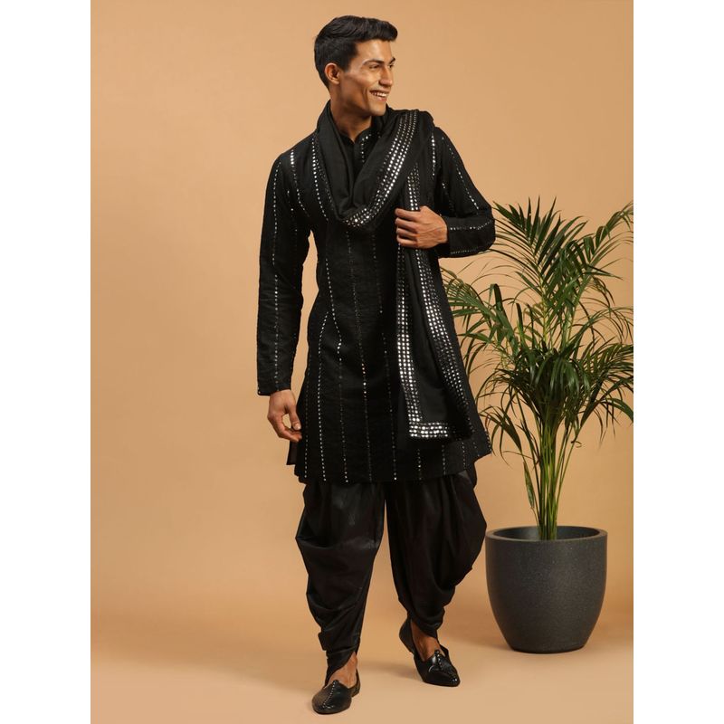 Vastramay Mens Black Viscose Kurta and Dhoti with Dupatta (Set of 3) (S)