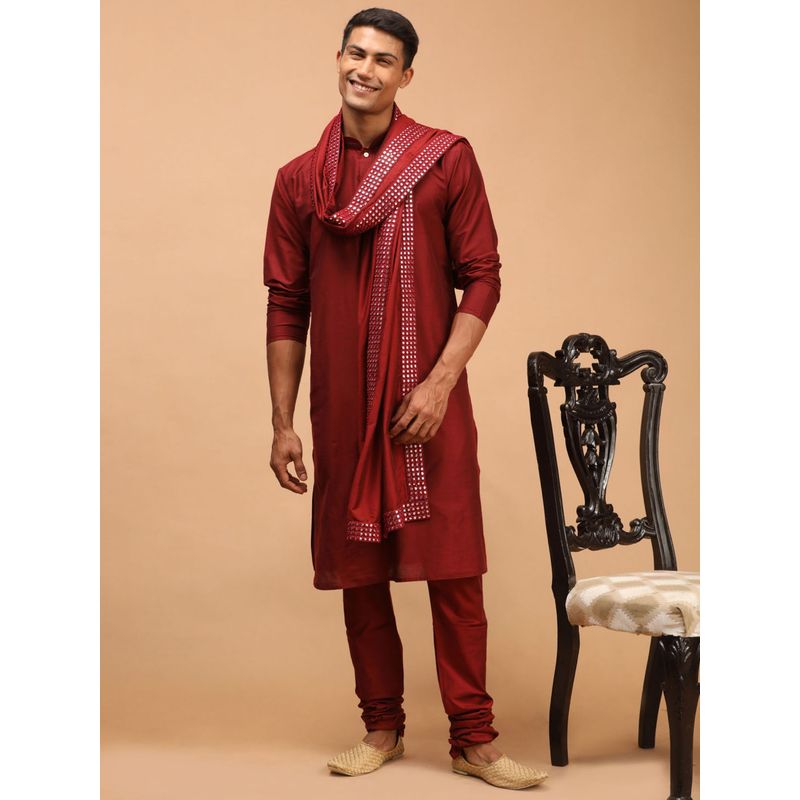 Vastramay Mens Maroon Viscose Kurta Pyjama and Dupatta (Set of 3) (L)