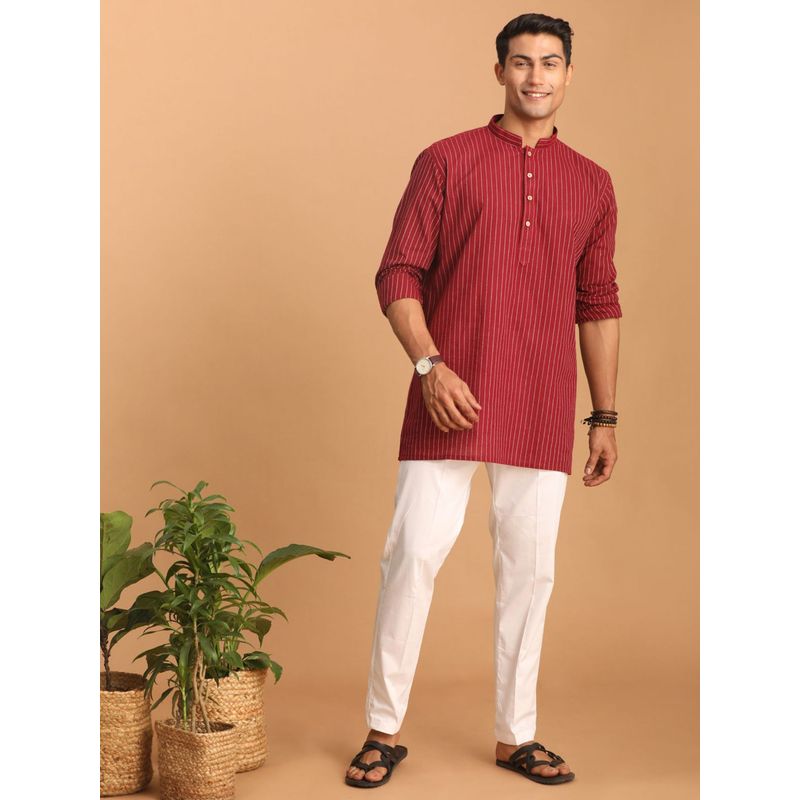 Vastramay Mens Red with White Cotton Short Kurta and Pyjama (Set of 2) (L)