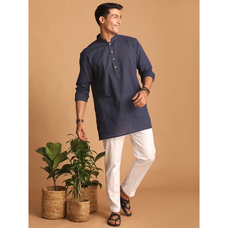 Vastramay Mens Navy Blue with White Cotton Short Kurta and Pyjama (Set of 2) (XL)