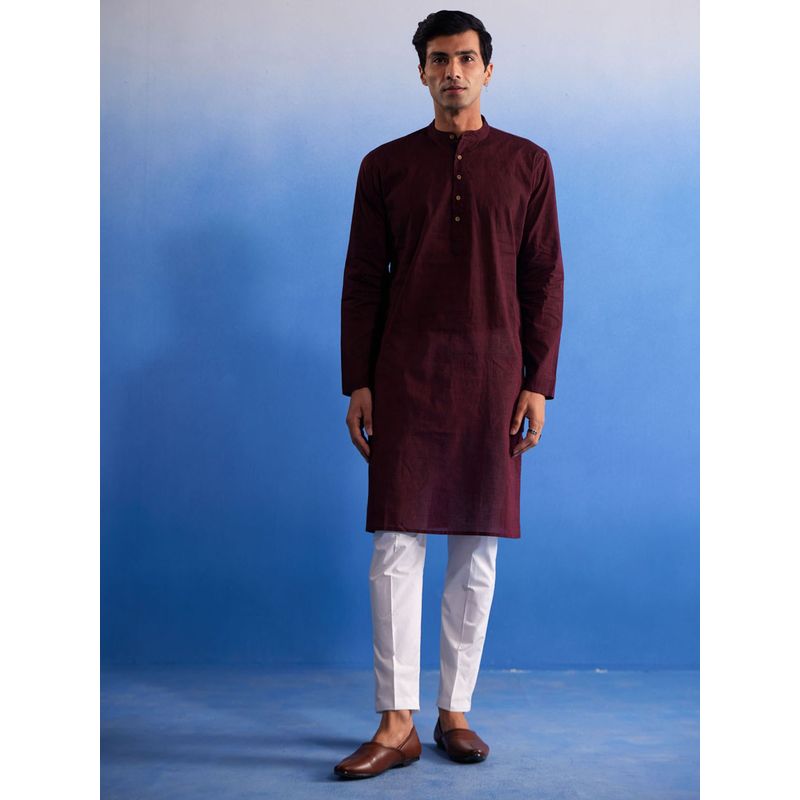Vastramay Mens Wine with White Pure Cotton Kurta and Pyjama (Set of 2) (M)