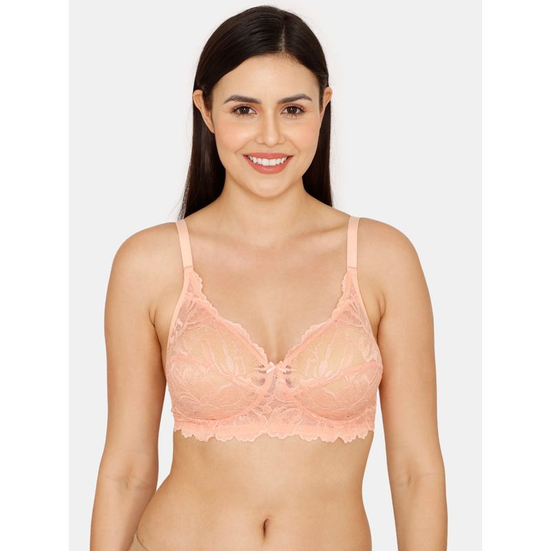 Zivame Rosaline Everyday Double Layered Non Wired 3-4th Coverage Lace Bra - Salmon - Pink (32D)