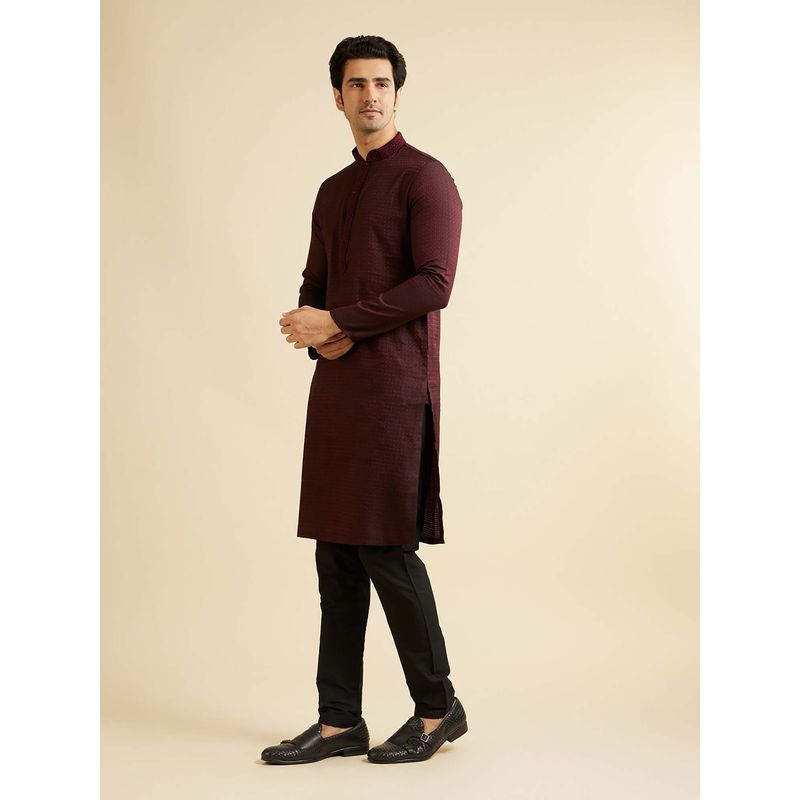 Manyavar Maroon Viscose Blend Embroidered Kurta with Pyjama (Set of 2) (S)