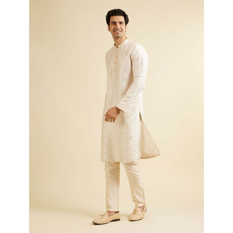 Manyavar Cream Art Silk Embroidered Kurta with Pyjama (Set of 2) (S)