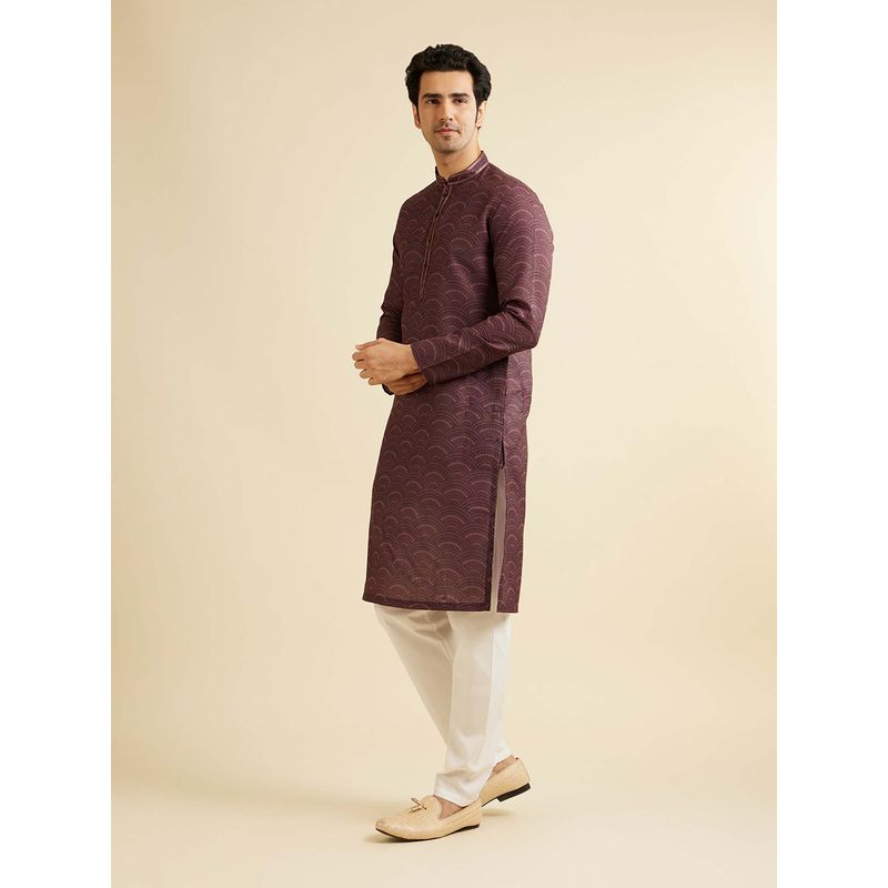 Manyavar Purple Cotton Blend Printed Kurta with Pyjama (Set of 2) (S)