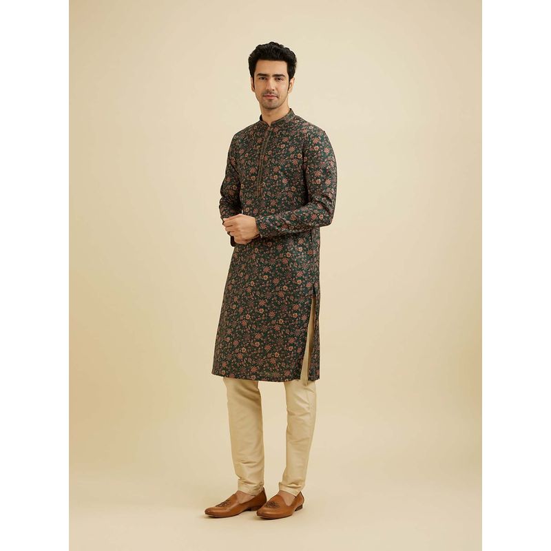 Manyavar Green Viscose Blend Printed Kurta with Pyjama (Set of 2) (L)