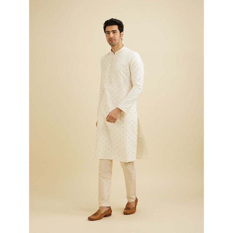 Manyavar Cream Viscose Blend Self Design Kurta with Pyjama (Set of 2) (S)